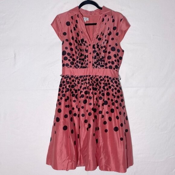 Vintage Kay Unger Pink Coral Polka Dots Midi Dress 8 - Picture 1 of 14